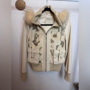Y2K Genuine Rabbit Fur & Sheepskin Leather Bomber Jacket Cream Raccoon Fur Trim